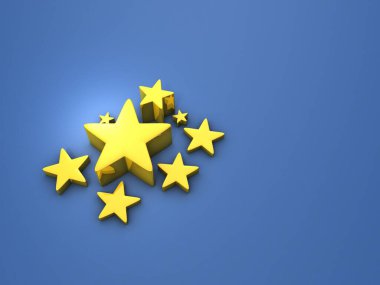 A cluster of golden star ornaments of various sizes. A star cluster or a cool art collective. Abstract concept representing talent and ability. reason and tranquility. 3D rendering.