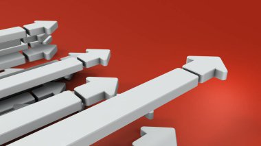 Geleceğe giden birçok beyaz ok var. Rekabeti temsil ediyor. Dostça rekabet ve evrimin soyut bir kavramı. 3B görüntüleme.