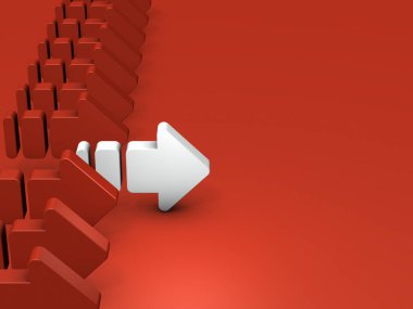 A horizontal row of arrows. A white arrow that moves ahead of its peers. Abstract concept representing pioneer and leader. 3D rendering.