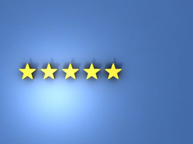 Five star icon. Five golden stars on the blue wall. High score and high rating symbol. 3D rendering.