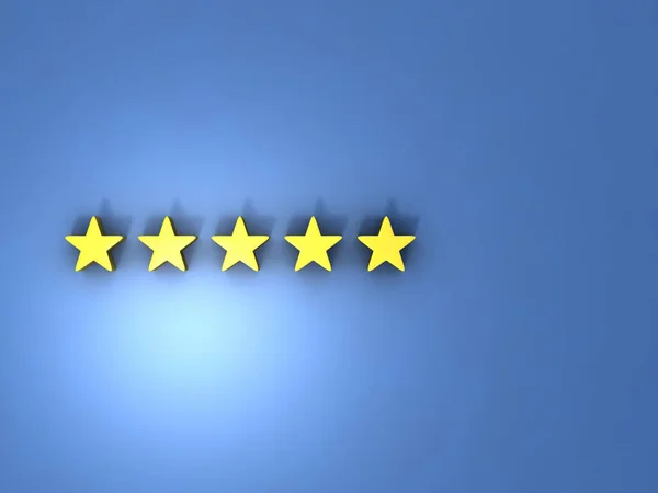 Five star icon. Five golden stars on the blue wall. High score and high rating symbol. 3D rendering.