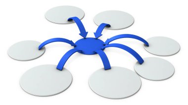 An abstract concept representing aid from all over the world. Blue arrows representing cooperation and support. Aggregation of resources. 3D rendering.