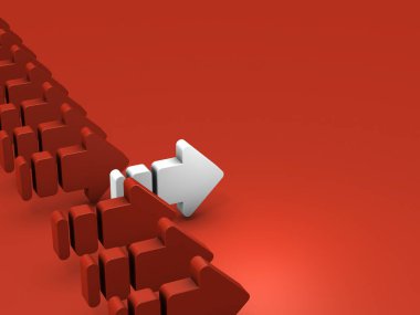 A horizontal row of arrows. A white arrow that moves ahead of its peers. Abstract concept representing pioneer and leader. 3D rendering.