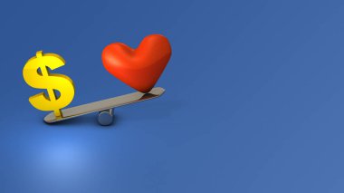 Comparison of dollar sign and heart symbol. The scales tilt towards money. An abstract concept representing the importance of money over heart. cool blue background. 3D rendering.