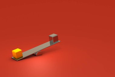 Gold and silver weights placed on both ends of the seesaw. Gold weights tilt downwards. Abstract concept representing value comparison. hot and red background. 3D rendering.