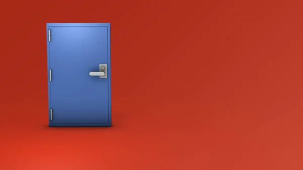 A steel door leading from reality to another world. dream entrance. An abstract concept representing escape and exit from reality. hot red background. 3D rendering.