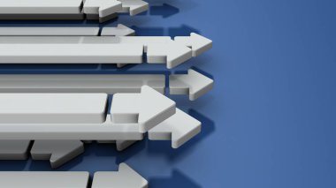 Doğuya giden bir sürü beyaz ok var. Hücum anlamına geliyor. İlerlemeyi ve karşı saldırıyı temsil eden soyut bir kavram. Güzel mavi arka plan. 3B görüntüleme.