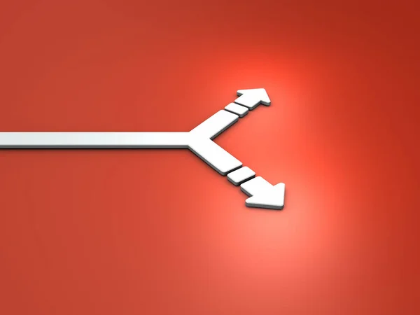 An arrow that splits left and right. Abstract concept representing crossroads and choices. Future prospects and possibilities. red hot background. 3D rendering.