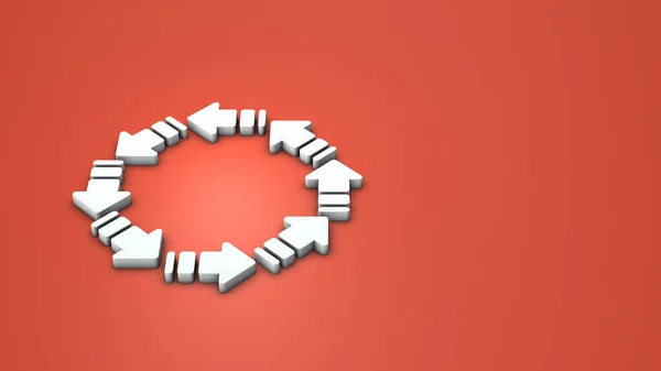 Many arrows follow other arrows and connect in a ring. Abstract concept representing reincarnation. 8 white arrows. hot red background. 3D rendering.