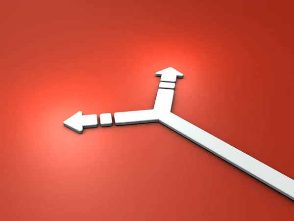 An arrow with a left and right split point. Abstract concept representing crossroads and choices. Dangerous and tense environment. hot red background. 3D rendering.