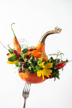 Şükran Günü konsepti Turuncu balkabağı desenli, çatallı bir çiçek dekoru. sıfır atık dekor