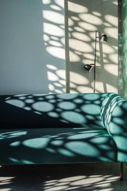 Yeşil bitki duvarlı, rahat bir kafenin içi. Yerde ve masada çok güzel gölgeler var. Güneşli bir gün. Yüksek kalite fotoğraf