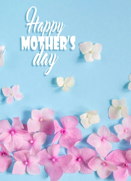 テキスト幸せな母親の日 青い背景にピンクのアジサイの花を咲かせます 春のフラットレイアウト トップビュー — ストック写真