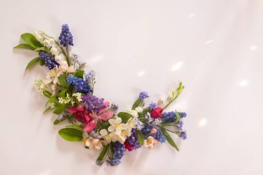 Beyaz arka planda farklı kır çiçeklerinden alınmış çiçek deseni. Güzel ışık yansımaları. Üst görünüm 