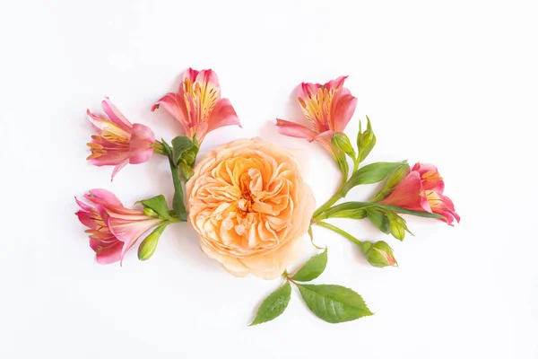 Festive floral background. floral layout from peach and orange flowers on a white background isolated. Top view, flat lay. copy space.