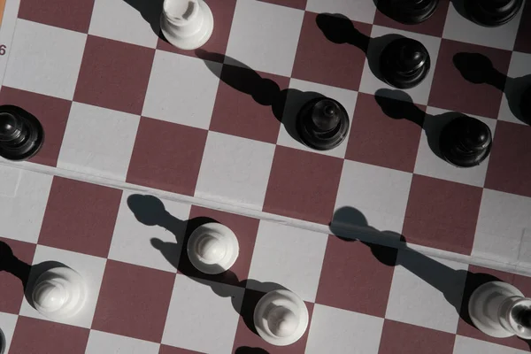 Chessboard Game Figures Blur Selective Focus Top View Shadows — Stockfoto