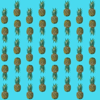 Mavi arka planda ananas. Geometrik desen. Yaz konsepti.