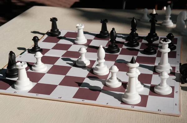 Chessboard White Figures Blur Selective Focus — Stockfoto