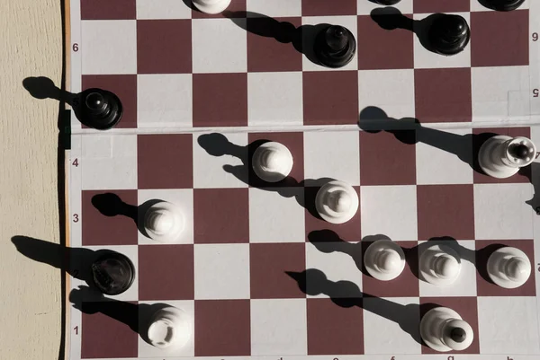Chessboard White Figures Blur Selective Focus Top View — Stockfoto