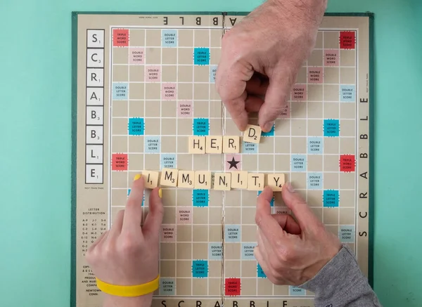 Lviv City Ukraine June 2021 Scrabble Game Board Hands Different — Stock Photo, Image