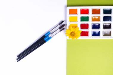 Watercolor paints and paint brushes and Yellow flower on a white and green sheet. concept of creativity and connection with nature. Flat lay and copy space