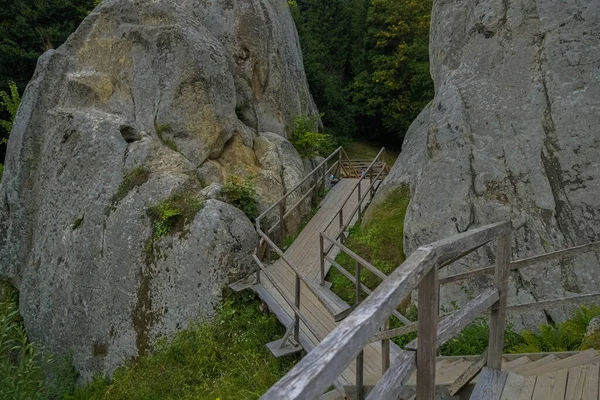 Wooden Old Staircase Rocks Carpathian Fortress Tustan Archaeological Natural Monument — Zdjęcie stockowe