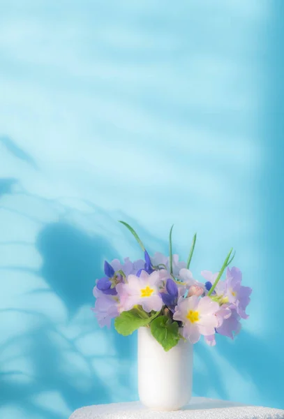 Blurred photo of a flowers in a vase on a blue background. soft shadows and copy space. Pictures for stories.