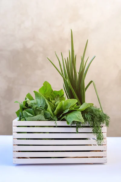 Fresh greens in a white box - green onions,dill, spinach on a white table on a background of concrete wall. Home delivery of fresh vegetables, Ideal for dietary spring salad. Bright sunbeams. Copy Space.