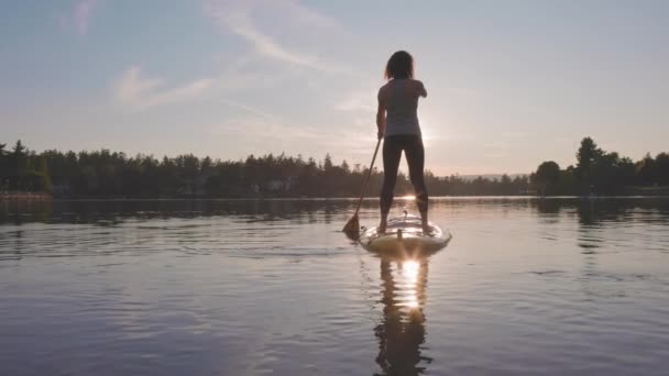 Aventurero caucásico adulto mujer remando en un stand up paddle board — Vídeos de Stock