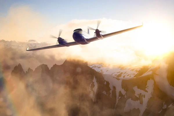 Twin Engine Vliegtuig Vliegen over de Rocky Mountain Landschap. — Stockfoto