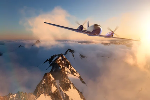 Двухмоторный самолет пролетел над горой Роки. — стоковое фото