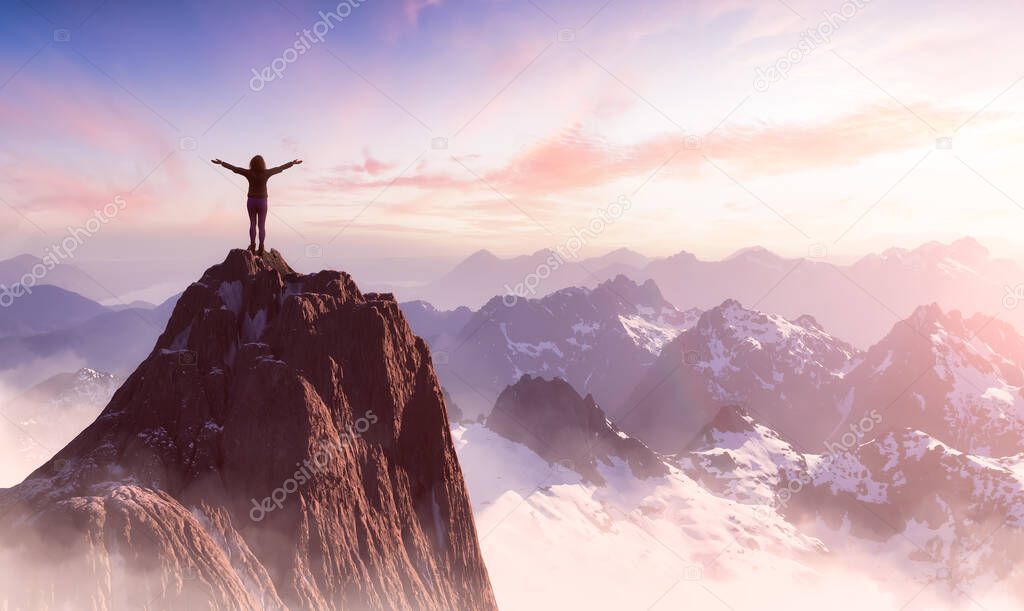 Adventure Composite. Adventurous Woman hiking on top of a mountain.