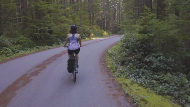 Περιπετειώδης γυναίκα ποδήλατο ιππασίας σε ένα μονοπάτι στο δάσος — Αρχείο Βίντεο