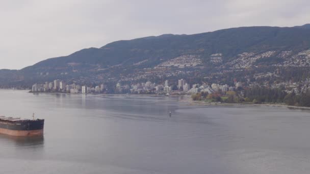 Vista aérea del malecón en el parque Stanley y el barco de contenedores. — Vídeos de Stock