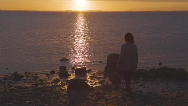 Περιπέτεια Καυκάσια ενήλικη γυναίκα Στέκεται σε μια βραχώδη παραλία — Αρχείο Βίντεο