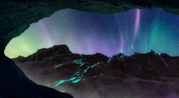 Rocky Mountain Landschaft in der Nacht mit hellen Nordlichtern — Stockfoto