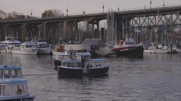 Вид на лодки в причале и современный городской пейзаж — стоковое видео