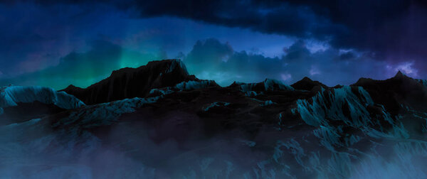 Rocky Mountain Landscape during night with bright Northern Lights in the sky. 3d Rendering. Nature Background Art