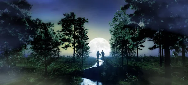 En magisk nattscen i naturen. Bergslandskap med stor måne på himlen. — Stockfoto