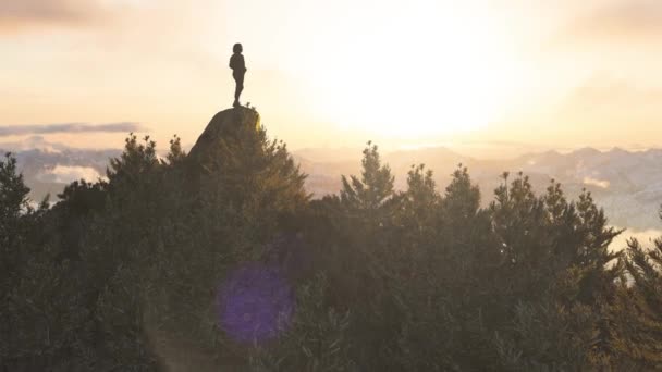 Abenteuerlustige Kaukasierin, die auf einem felsigen Berg steht. Kunst am Himmel bei Sonnenuntergang. — Stockvideo