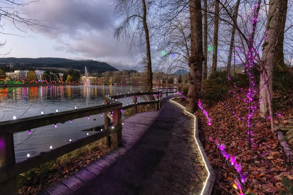 Wanderweg in einem Park rund um den Lafarge-See mit Weihnachtsbeleuchtung. — Stockfoto