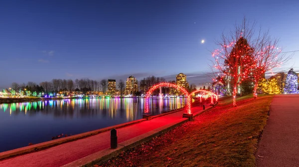 Sendero en un parque alrededor del lago Lafarge con luces de Navidad. — Foto de Stock