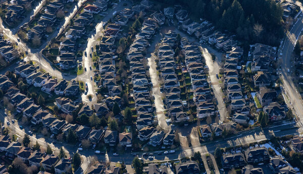 Aerial View of Residential Homes in a neighborhood of suburban modern city