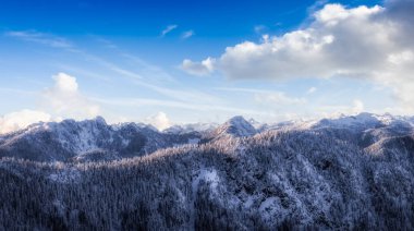Kanada dağının karla kaplı havadan panoramik görüntüsü.
