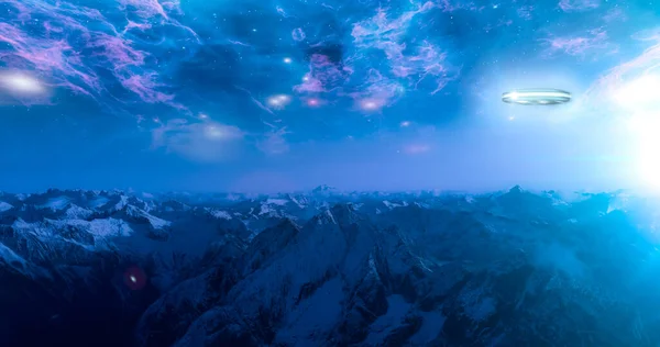 Alien spaceship flying over the rocky mountains during night. — Foto Stock