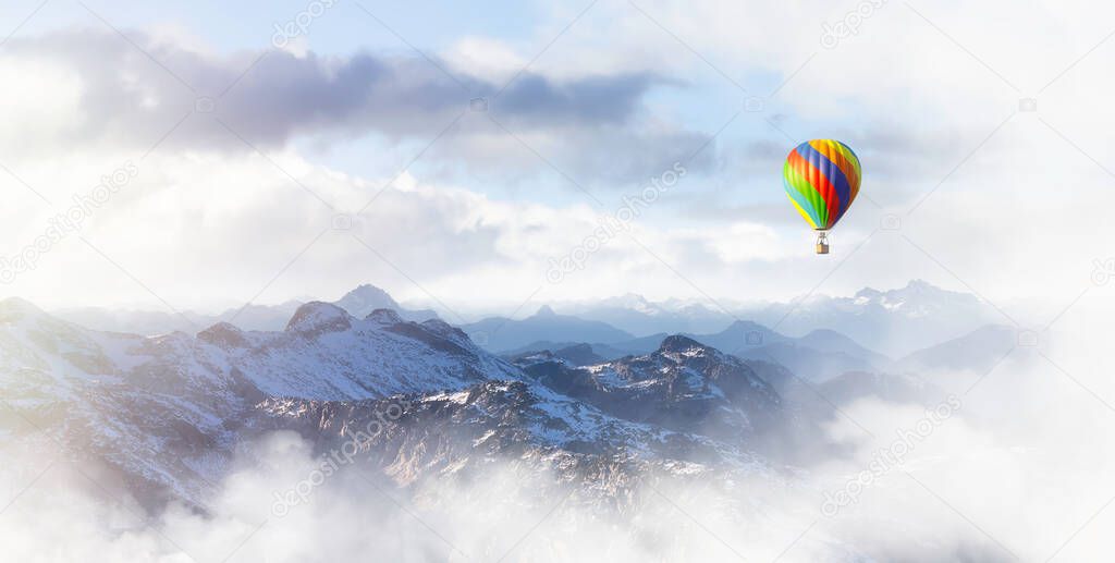 Dramatic Mountain Landscape and Hot Air Balloon Flying