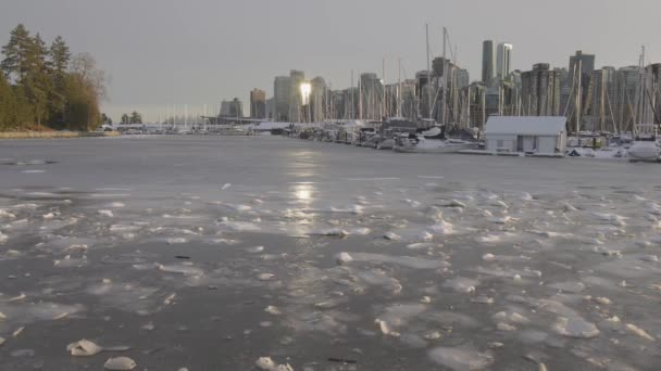 Barcos en Marina, Coal Harbour, Urban City Skyline y hielo en el agua durante la temporada de invierno. Seawall en Stanley Park. — Vídeo de stock