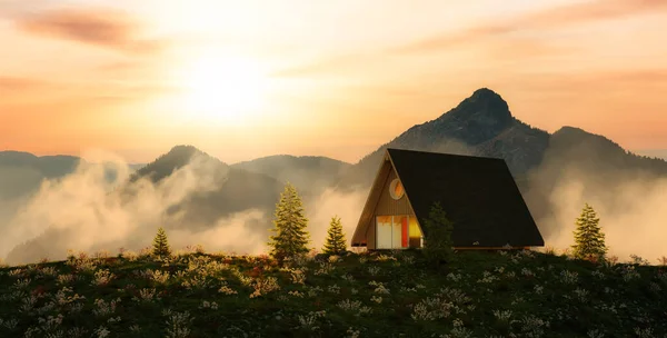 A-frame Cabine casa no topo de uma montanha com bela vista. — Fotografia de Stock