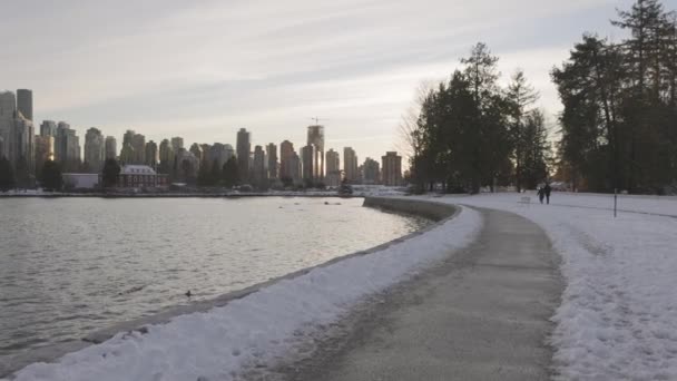 Kohlehafen, Stadtsilhouette und Eis auf dem Wasser während der Wintersaison. Seawall im Stanley Park. — Stockvideo