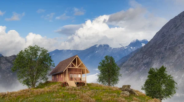 A-frame Cabine casa no topo de uma montanha com bela vista sobre picos acidentados — Fotografia de Stock